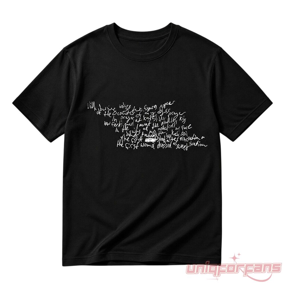 Stray Kids Han Jisung Handwritten Demeulemeester Poem Sample T-Shirt front view in black with white script graphic