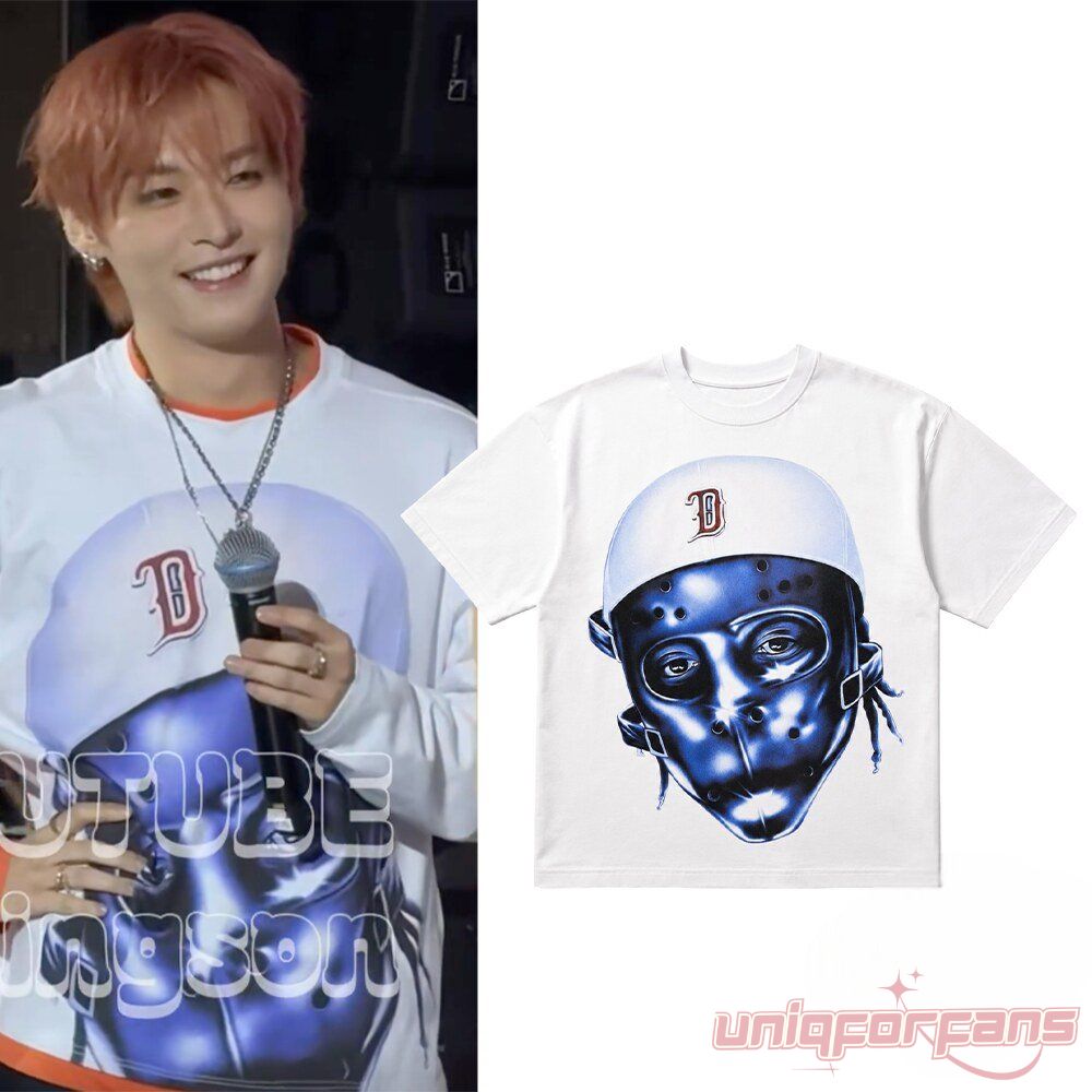 Stray Kids Lee Know Concert Blue Hockey Mask T-Shirt worn on stage paired with a standalone white graphic tee
