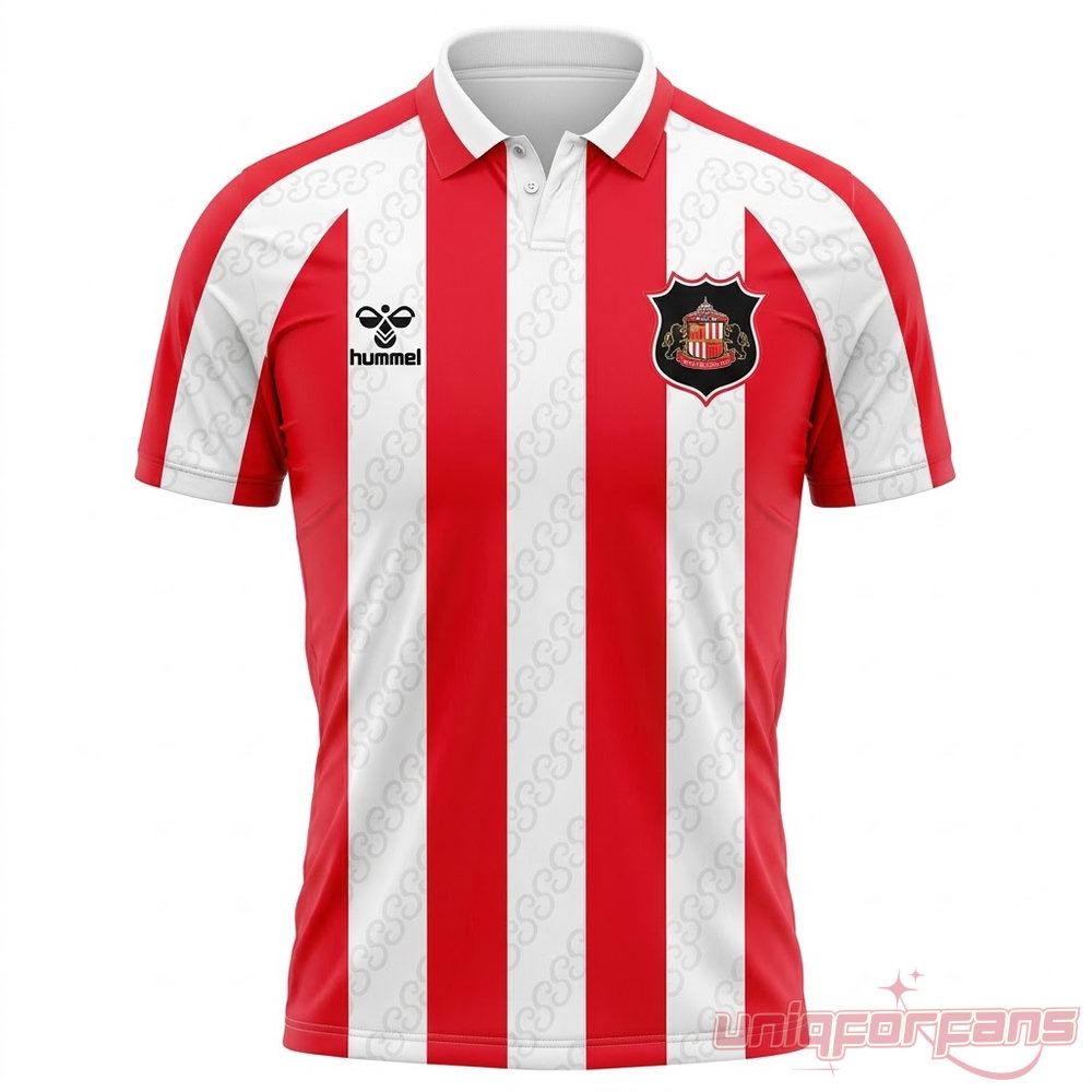 Sunderland AFC 2026-27 Home Custom Name Soccer Jersey front view with red and white vertical stripes, crest, and white polo collar