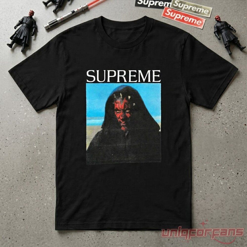 Supreme Star Wars Darth Maul Graphic T-Shirt in black with Darth Maul portrait print and Supreme stickers
