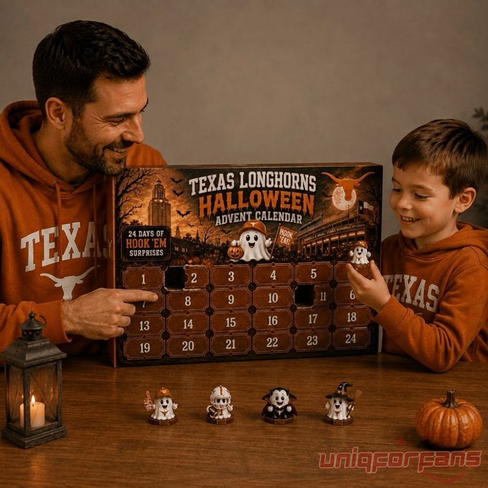 Texas Longhorns Football Halloween 2026 Advent Calendar being opened by a father and son wearing Texas hoodies