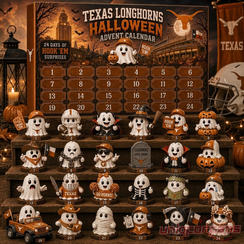 Texas Longhorns Football Halloween 2026 Advent Calendar displaying 24 doors and ghost figurine collectibles