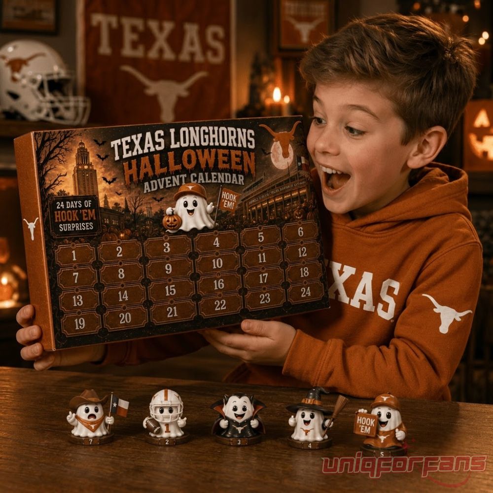 Texas Longhorns Football Halloween 2026 Advent Calendar held by an excited boy wearing an orange team hoodie