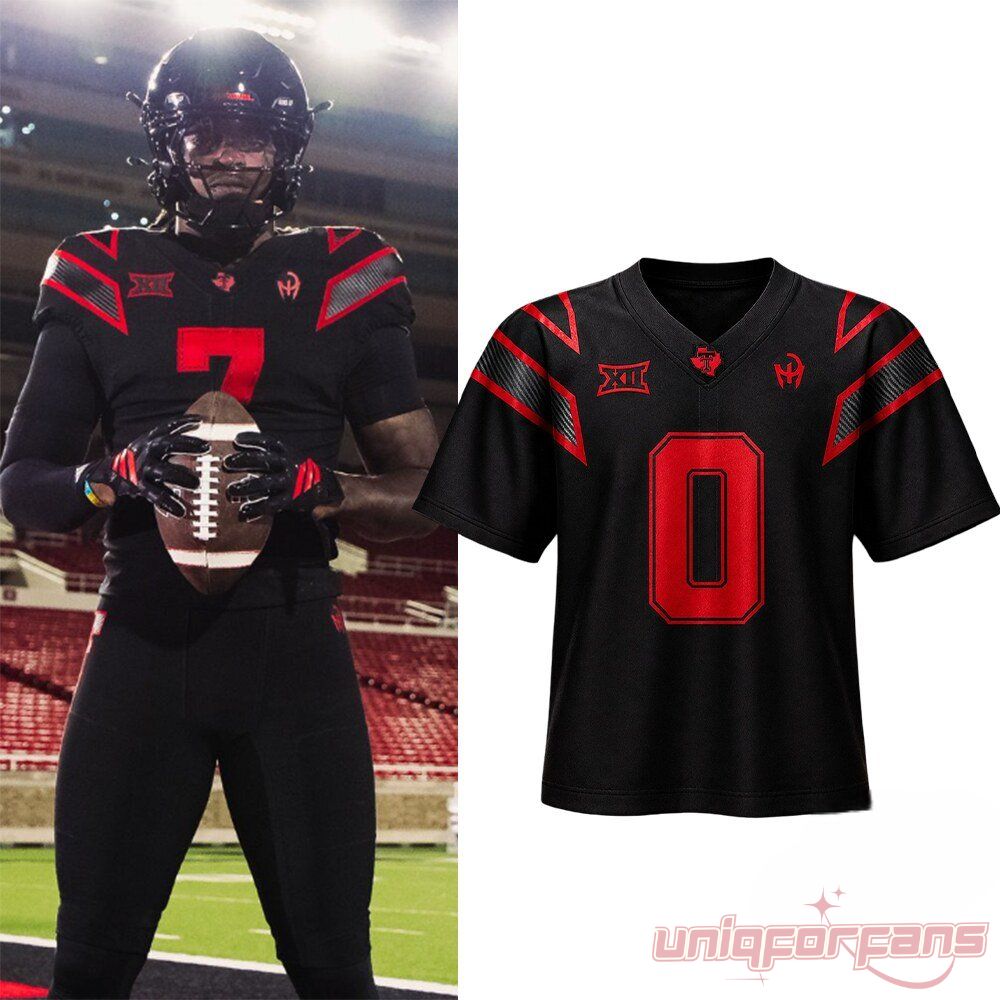 Texas Tech Red Raiders Patrick Mahomes Black Football Jersey featuring red number 0, Big 12 logo, and Mahomes Gladiator logo