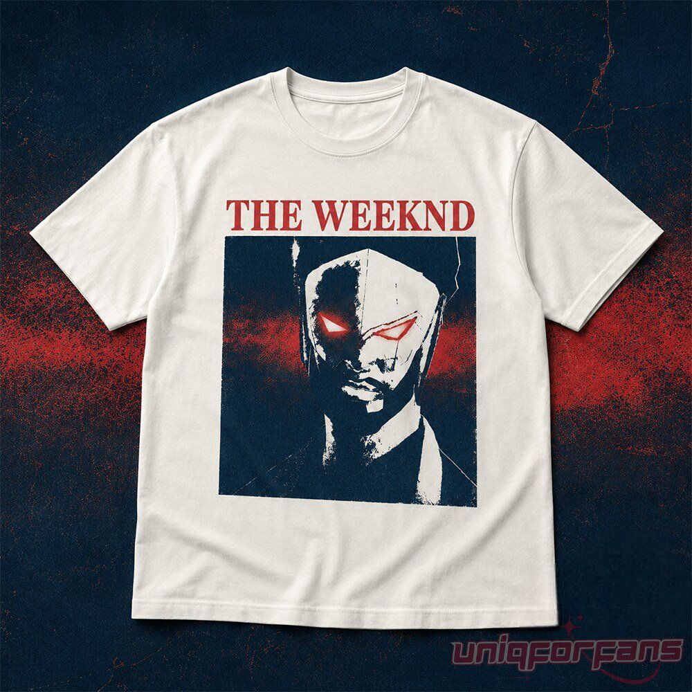 The Weeknd Suda51 In London Hurry Up Tomorrow Mask T-Shirt with high-contrast split face mask artwork