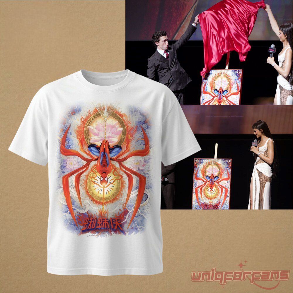 Tom Holland and Zendaya Spider-Man Art White T-Shirt, white graphic tee featuring lotus spider poster artwork