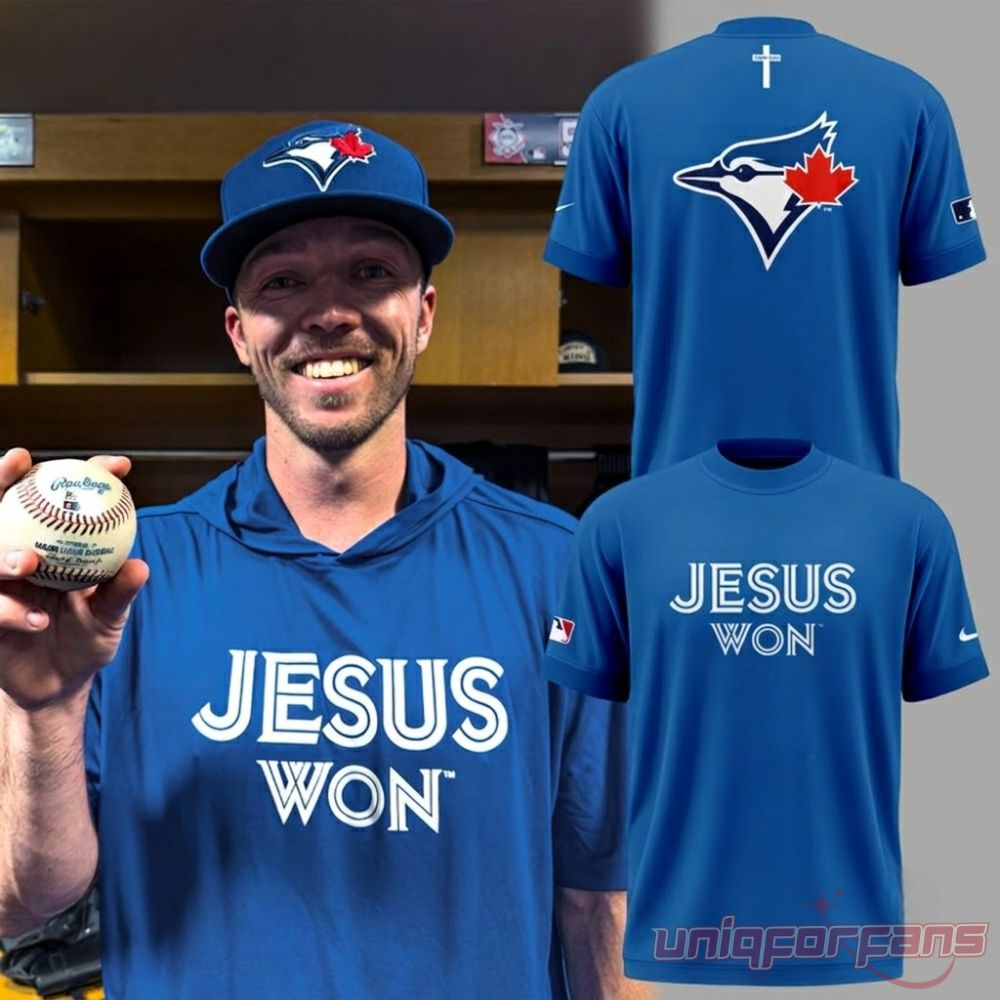 Toronto Blue Jays Jesus Won Blue Shirt with white chest text graphic, team logo back print, and Christian cross emblem