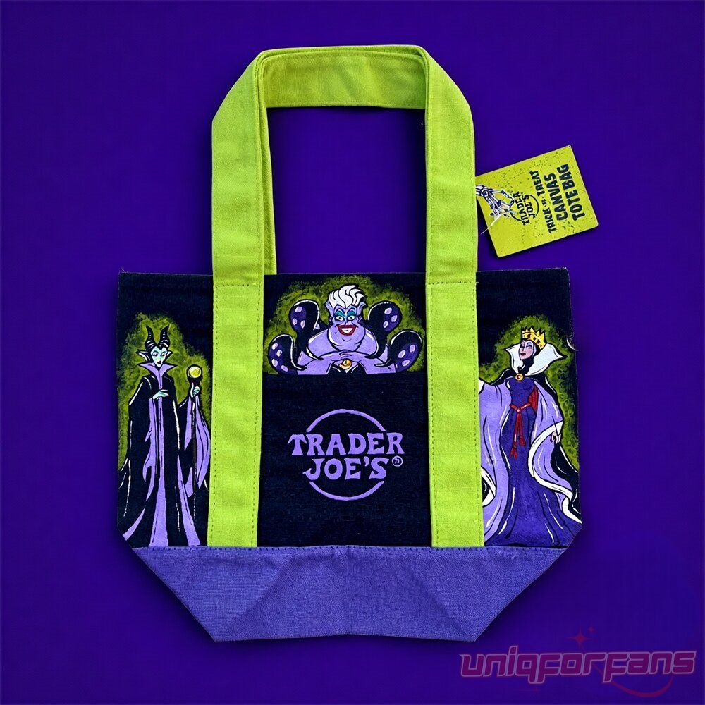 Trader Joe's Disney Villains Trick or Treat Halloween Tote Bag front view flat lay against a purple background