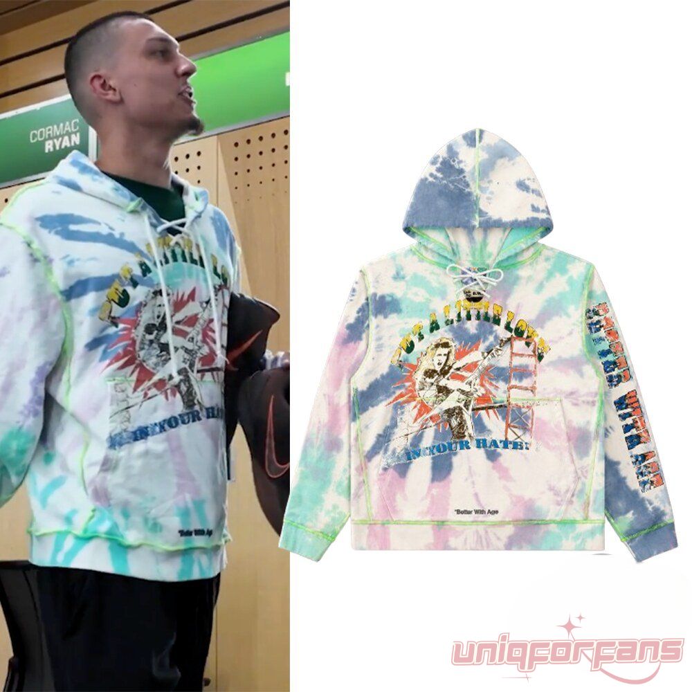 Tyler Herro Better With Age Put A Little Love Colorful Hoodie in tie-dye design next to Tyler Herro wearing it