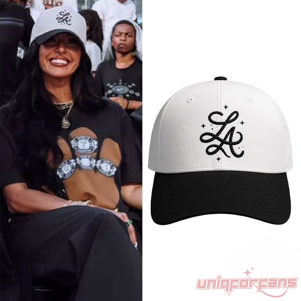 Vanessa Bryant LA Cursive Stars Two-Tone Snapback Hat featuring a white crown, black visor, and embroidered cursive LA logo