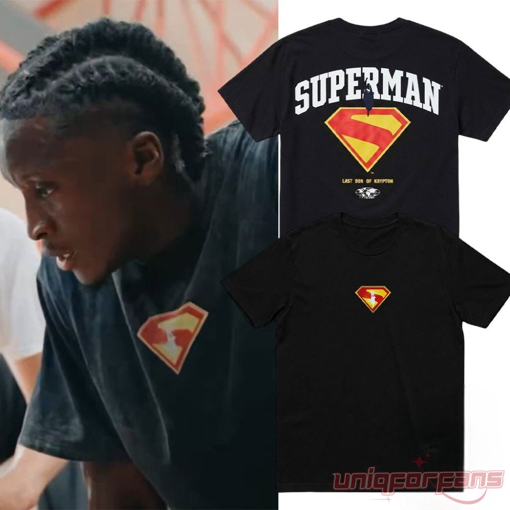 Victor Oladipo NBA Las Vegas Superman Shirt black tee product mockup beside Victor Oladipo wearing it.