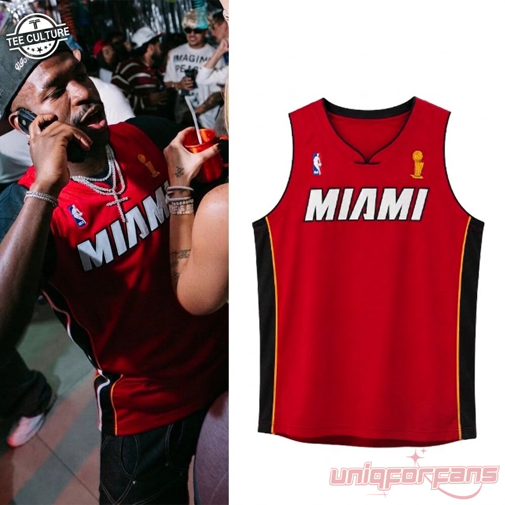 Vinicius Junior at Miami NBA Championship Basketball Jersey worn on phone next to red jersey mockup with Larry O'Brien trophy