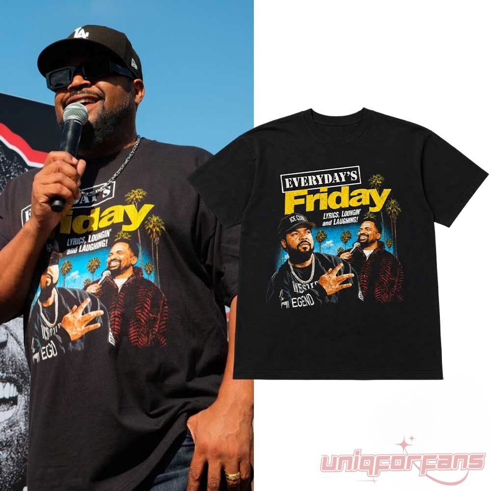 Vintage Shirt Ice Cube Everyday’s Friday black graphic t-shirt product mockup next to Ice Cube wearing it