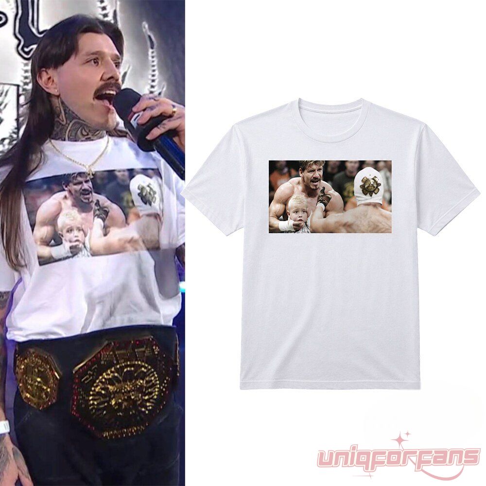 WWE Dominik Mysterio Eddie Guerrero Ladder Match Photo White T-Shirt featuring young Dominik, Eddie, and Rey Mysterio
