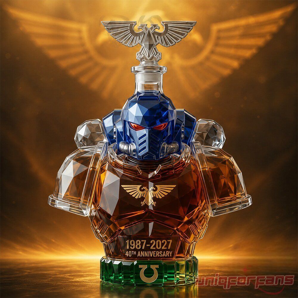 Warhammer 40K 40th Anniversary Space Marine Ultramarine Whiskey Bottle Decanter with helmet and Aquila stopper