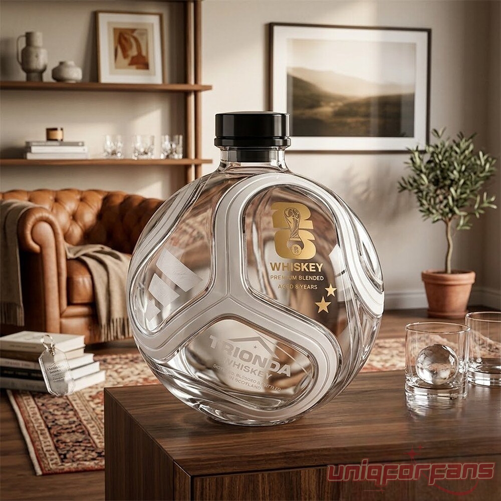 Clear World Cup 2026 Trionda ball-inspired glass whiskey decanter displayed on a wooden table in a living room