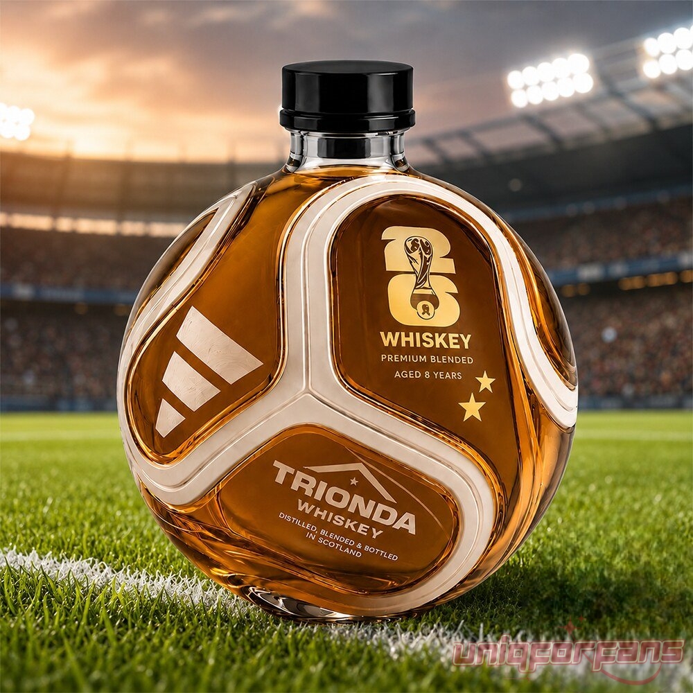 World Cup 2026 Trionda ball-shaped whiskey bottle filled with amber liquor resting on soccer field grass at sunset